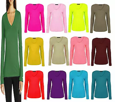 Buy Womens Ladies V Neck Plain Slim Fit Long Sleeve Casual Basic Top Stretchy TShirt • 8.99£