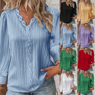 Buy Womens V Neck Summer Ladies T-Shirt Blouse Long Sleeve Tops Pullover Plus Size • 8.59£