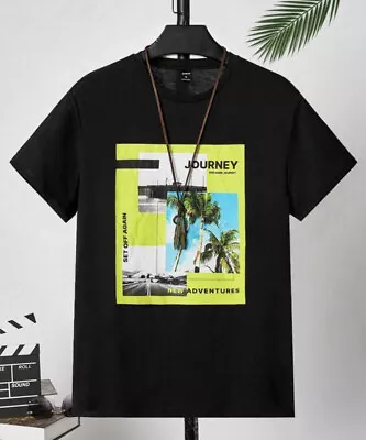 Buy Mens Black Coconut Tree & Letter Summer Graphic T-Shirt Size L New • 8.95£