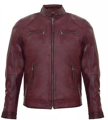 Buy Men's Burgundy Leather Biker Jacket Vintage Retro Casual Zipped Racing Jacket • 99.99£