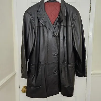 Buy St Michael Black Real Lamb Leather Long Jacket Coat Trench Size UK 14 80s 90s • 29.99£