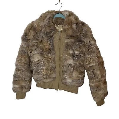 Buy Vintage Womens Jacket Size Medium Tan Cream Gray Full Zip Rabbit Fur Winter • 148.51£