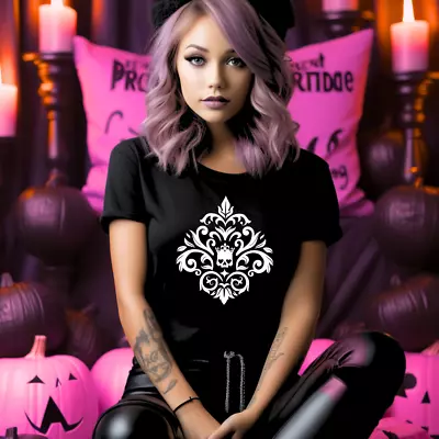 Buy Gothic Unisex Black T-Shirt | Halloween Top | Damask Skull Goth Emo Clothes | • 8.99£