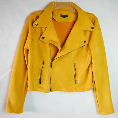 Buy Shinestar Women's Size M Yellow Mustard Faux Soft Suede Biker Jacket Stretchy • 50.15£