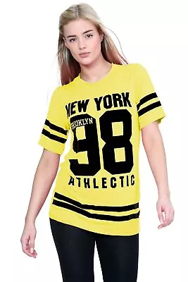 Buy Womens Oversized Stripe T-Shirt Newyork 98 Brooklyn Ladies Baseball Varsity Top • 7.37£