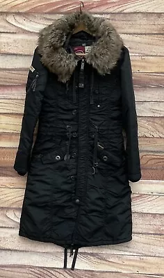 Buy Khujo ELLEN Long Fitted Quilted Parka Coat  Size L 12 Fur Trim Hood • 50£