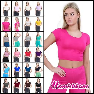 Buy Womens Crop Top Cap Sleeve T-Shirt Ladies Vest Top Plain Stretchy Crop T-Shirt • 6.61£
