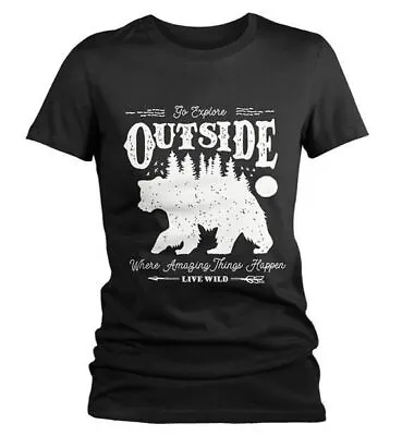 Buy Women's Hipster Bear T Shirt Go Explore TShirt Camping Shirts Vintage Live Wild  • 22.21£