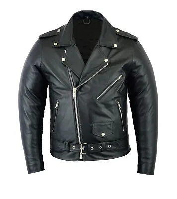 Buy UK Stock Mens Brando Vintage Motorcycle Biker Black Genuine Leather Biker Jacket • 59.99£