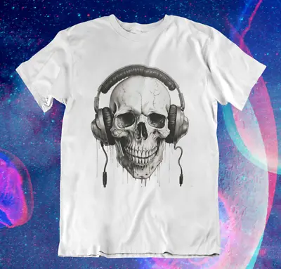 Buy Skull With Headphones T Shirt | Skeleton | Music | DJ | EDM | Rave | Unisex V2 • 12.95£