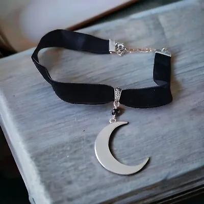Buy Choker Necklace Half Moon Necklace Wicca Jewellery Gothic Velvet, Goth, 38cm NEW • 5.99£