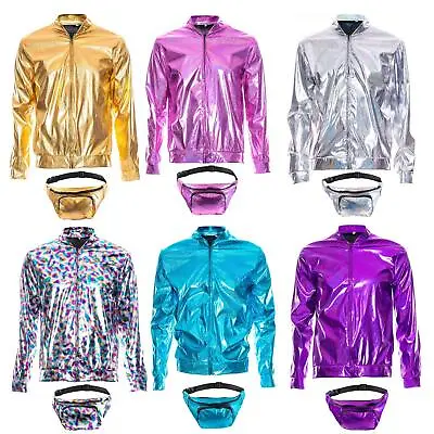 Buy 70s 80s 90s Foil Metallic Shiny RAVE Bomber Jacket Hologram Festival Fancy Dress • 18.99£