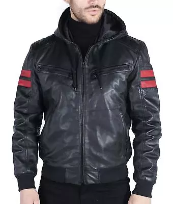 Buy Mens Blue Black Hood Real Leather Bomber Jacket Red Stripes Quilted Slim Fit  • 115.49£