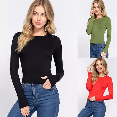 Buy Slim Fit Round Crew Neck Long Sleeve Double Layered Quality Rayon Cropped Top • 11.32£