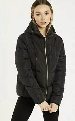 Buy Quiz Puffer Jacket With Hood Size 16 Black Chevron With Gold Coloured Zip Women • 14.99£