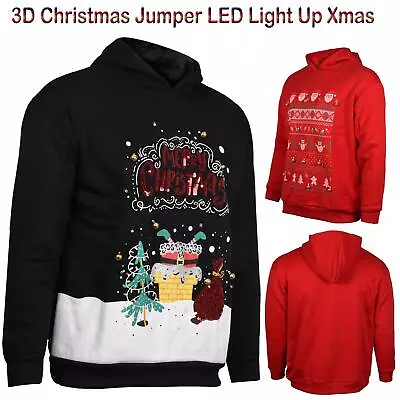 Buy 3D Mens Christmas Hoodie LongSleeve LED Light Up Xmas Pullover Jumper Sweatshirt • 9.99£