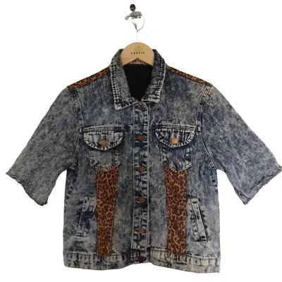 Buy Stonewash Denim Cut Distressed Sleeve Leopard Yoke Trim Jacket L Grunge Punk • 8.52£