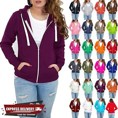 Buy Womens Plain Hoody Ladies Hooded Sweatshirt Girls Zip Jacket Top Plus Size • 5.99£