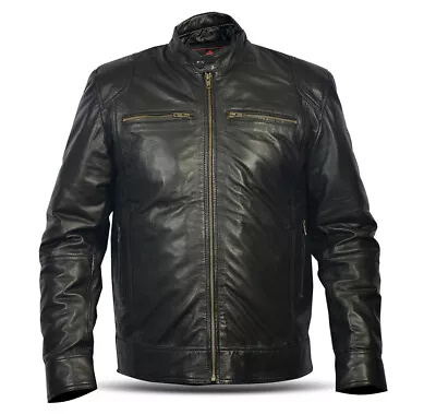 Buy OFFER : Black Leather Jacket For Men - 100% Real Lambskin Motorcycle Style Cafe  • 79.99£