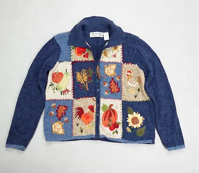 Buy Tiara Sweater Cardigan Women Extra Large Blue Fall Pumpkin Harvest Full Zip Vtg • 21.79£