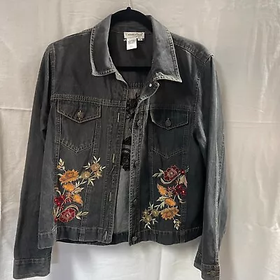 Buy Coldwater Creek Black Denim Floral Embroidered Jacket Button Up Medium • 48.25£
