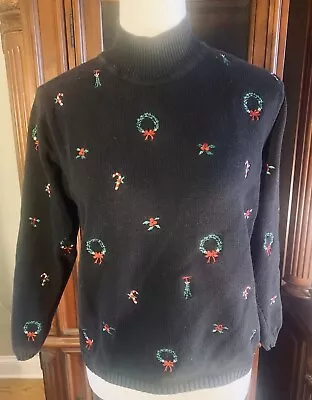 Buy Talbots M Black Cotton Christmas Sweater Embroidered Mock T Neck • 19.29£