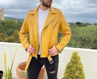 Buy Yellow Leather Jacket Men Pure Lambskin Biker Moto Jacket Size XS S M L XL XXL • 141.82£