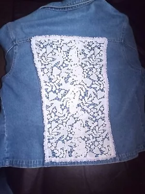 Buy Denim Jacket, Size 16, Hand Embroidered. Unique. Blue Star, Lace Panel. • 10£