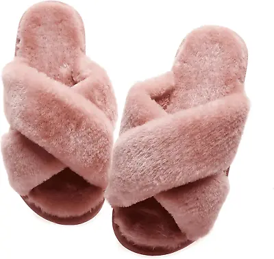 Buy Women'S Slippers Fuzzy Fluffy Cute Memory Foam House Shoes Plush Cross Band Indo • 14.08£