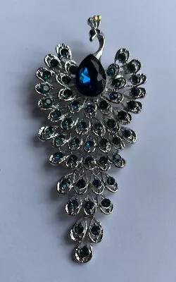 Buy Large Rhinestone Silver Blue Peacock Bird Brooch Jewellery + Gift Bag. Wedding • 3.99£