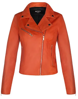 Buy Ladies Leather Biker Jacket Classic Orange Real Lamb Nappa Gothic Retro Jacket • 84.99£