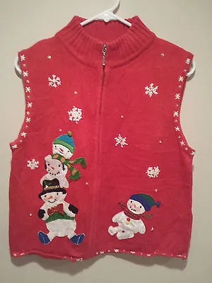 Buy Vintage Ugly Christmas Sweater Tacky - Large Red Designer Studio Snowmen Flakes! • 12.24£