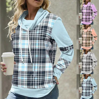 Buy Women Plaid Check Hooded Sweatshirt Ladies Hoodies T-Shirt Tops Blouse Size 16 • 14.09£
