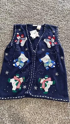 Buy VTG Christmas Sweater Vest Bobbie Brooks 14W/16W Navy Knit Snowmen Ugly Tacky • 8.50£