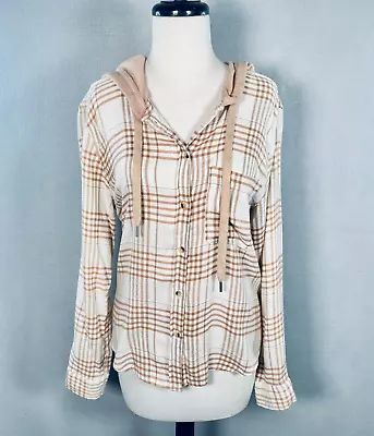 Buy CC California Flannel Shirt Womens L Beige Plaid Button Up Beach Hood • 18.80£