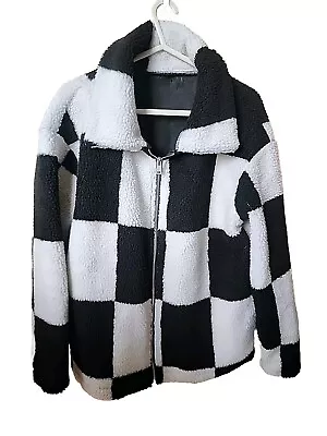 Buy Womens Shein Checkerboard Fleece Teddy Jacket Coat Size Large 12/14 • 10.99£