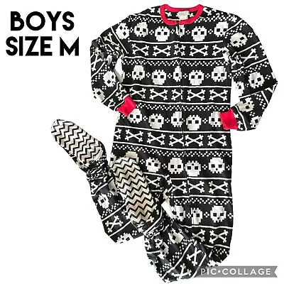 Buy Komar Kids Boys Pajamas Fleece Footed Black Red Skull Bones Size Medium • 13.29£