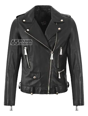 Buy Women's Brando Lambskin Leather Jacket Black Motorbike Fitted Biker Style Jacket • 41.65£
