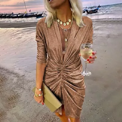 Buy Brand New Dress Clothing Party Solid Elegant Folds Pleated Long Sleeve • 30.19£
