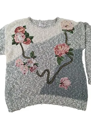 Buy Vintage Erika Chunky Knit Fall Floral Beaded Sweater Size Medium Lounge Gray  • 27.01£