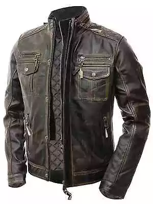 Buy Men’s Motorcycle Biker Vintage Distressed Brown Cafe Racer Real Leather Jacket • 22.99£