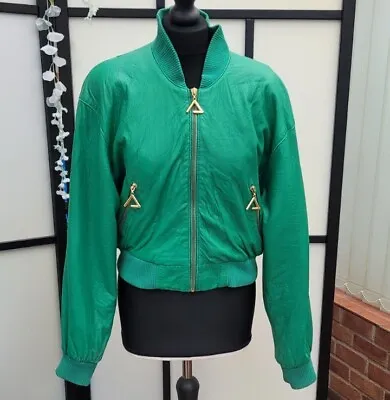 Buy 80s Green Bomber Leather Jacket Varsity Baseball Style Real Lamb Skin • 24.99£