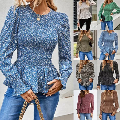 Buy Womens Vinstage Print Ruffle Tops Ladies Long Sleeve Casual Slim Blouse T Shirt • 12.69£