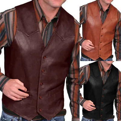 Buy Men's Genuine Classic Black Real Leather Plain Waistcoat Motorcycle Biker Vest • 21.72£