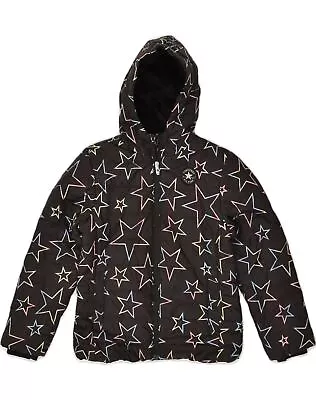 Buy CONVERSE Girls Crazy Pattern Hooded Padded Jacket 12-13 Years Large Black AK22 • 19.15£