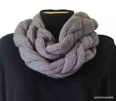 Buy Mens Womens Grey Knitted Infinity Scarf Cowl Snood Circle Plaited Loop Gift • 6.95£