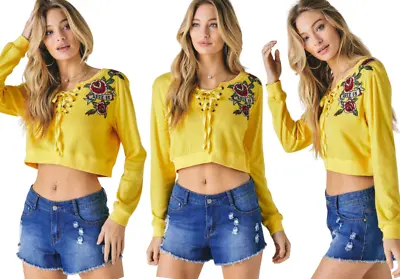 Buy Chic Longsleeve Crop Top Sweatshirt - Rock On Floral Embroidered Design • 28.21£