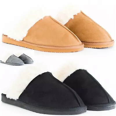 Buy Mens Fur Faux Slip On Mule Soft Hard Sole Warm Comfort Winter Shoes Slippers Sz • 5.99£