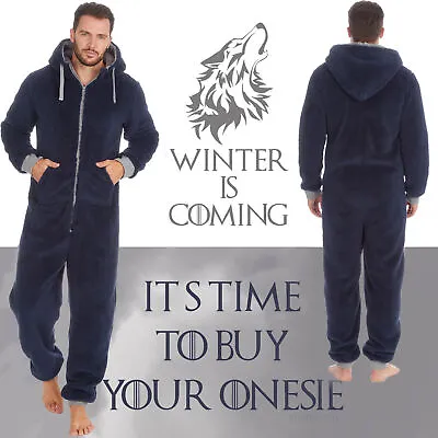Buy Mens Sherpa Snuggle Fleece 1Onesie1 All In One Piece Pyjamas Loungewear Navy UK • 26.99£