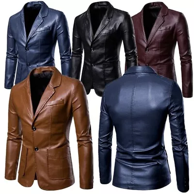 Buy Men PU Leather Work Blazer Jacket Business Casual Button Slim Fit Suit Coat Tops • 38.58£